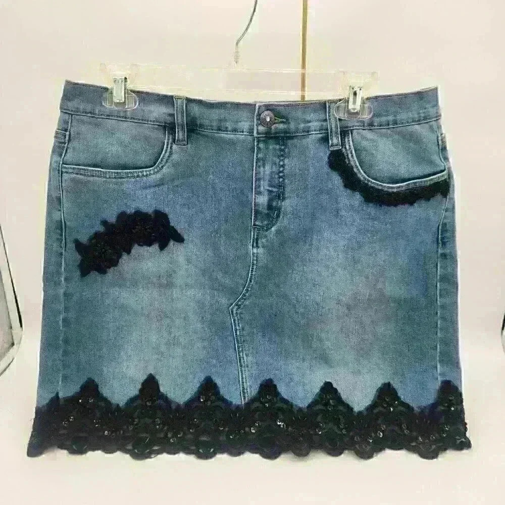 Venus Super Cute Cutoff Jeans Look Black Lace Sequin Trim Mini Skirt Size 14